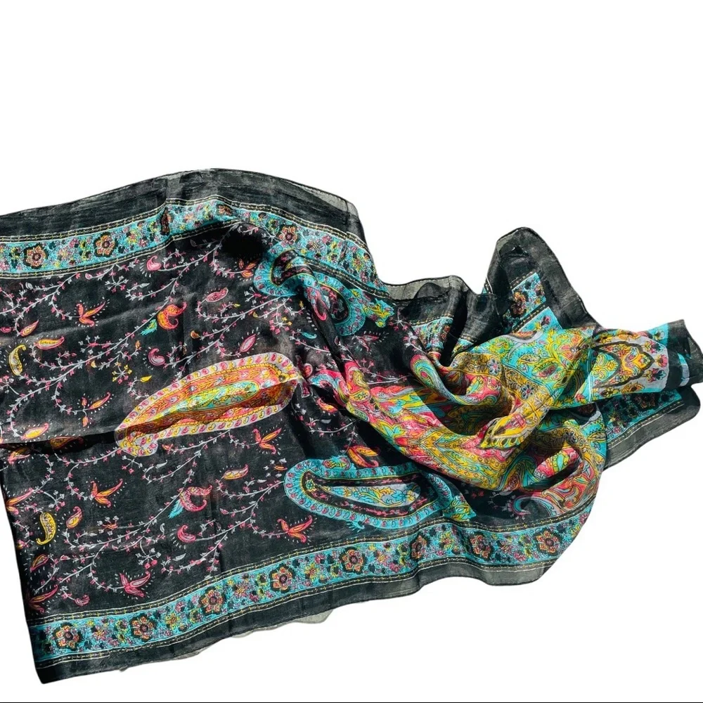 Vintage Genuine Silk Paisley Rainbow Rolled Hem Long Rectangular Women Men Scarf